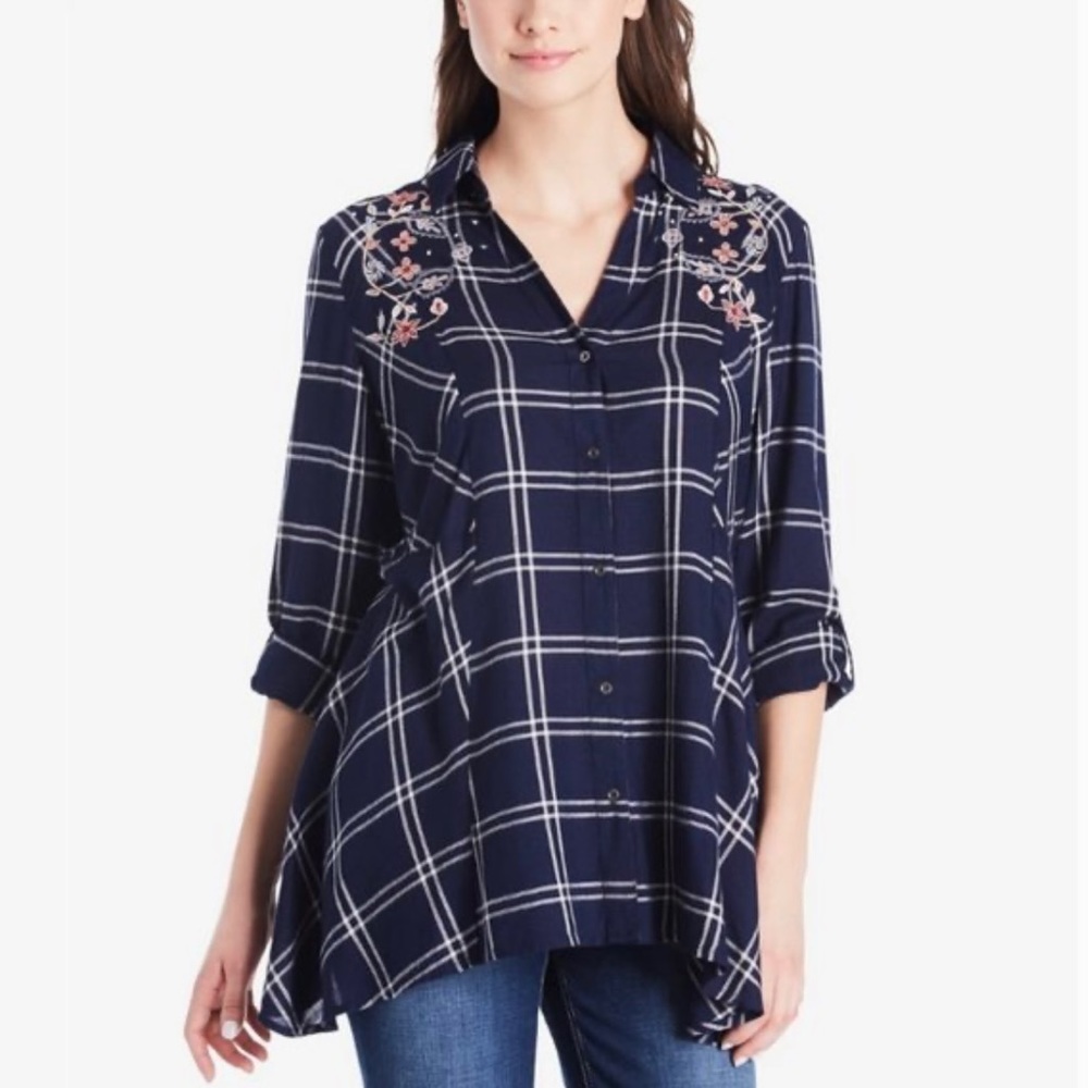 Vintage America Navy Blue Plaid Floral Embroidered Long Sleeve Top Size Small